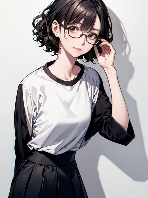 1 female, 30-year-old, alone, thin, slender, small breasts!!!, short hair, curly hair, thin, slender, (((glasses))), long sleeve T-shirt, Skinny skirt, Are standing, art, Colored pencil drawing, draft, White background, portrait