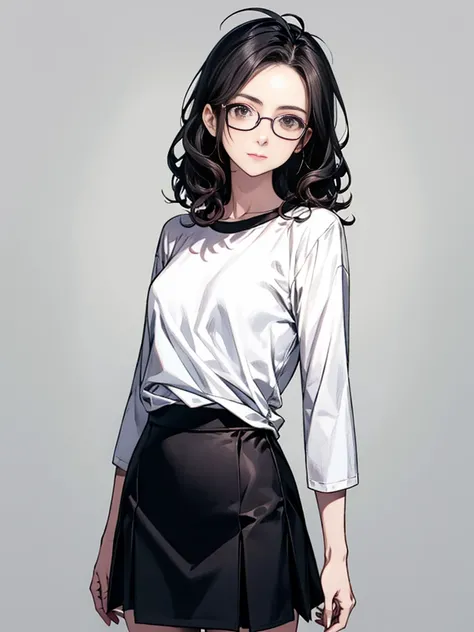 1 female, 30-year-old, alone, thin, slender, small breasts!!!, Loose curly hair, Bedhead, Forehead, thin, slender, (((glasses))), long sleeve T-shirt, Skinny skirt, Are standing, art, Colored pencil drawing, draft, White background, portrait