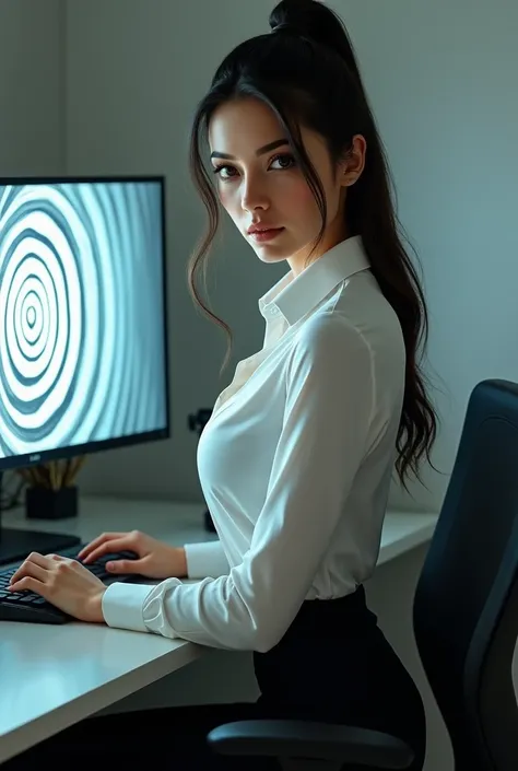 A sexy beautiful girls, white shirt, pencil skirt, work in office and look the screen of computers and her computer screen displayed a spiral