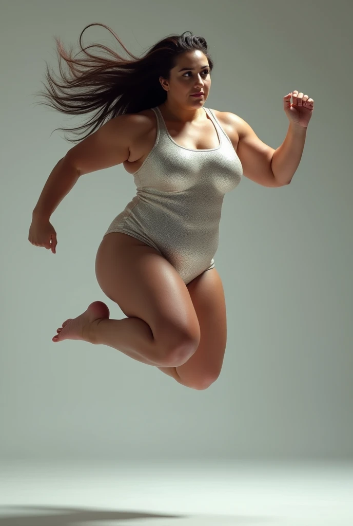 woman, sexly, athletically jumping and her breasts shaking, chubby, skin-tight bodysuit, the bodysuit shimmers metallic