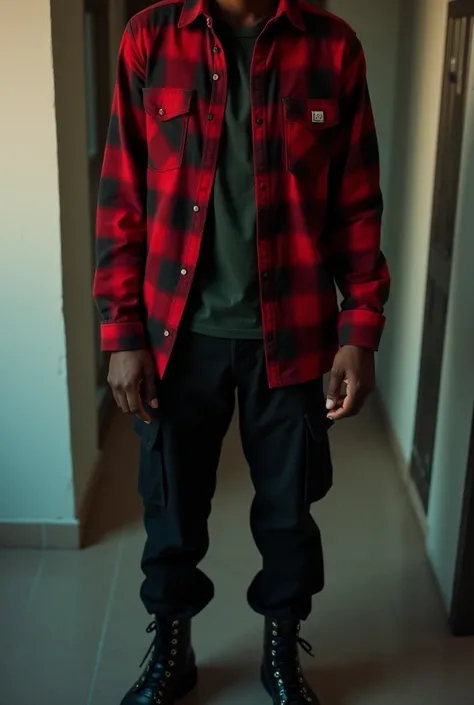 lifestyle photography photo of a black man, anticipate facial expression, red flannel shirt, black cargo pants and combat boots, close up on face, under soft lighting, high angle, shot on a Fujicolor Pro