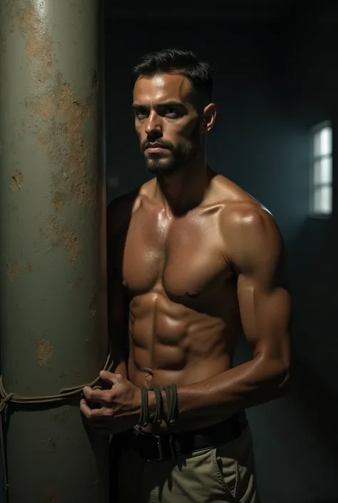 Shirtless light brown man with sweaty slim figure with hands behind his back and wrists tied to a pillar