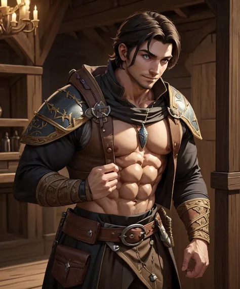 score_9, score_8_up, score_7_up, score_6_up, (((Solo focus.)))  (((Single character image.))) (((Dressed in traditional medieval fantasy attire for a dark fantasy game.)))  (((Sexy human male.))) (((Appears to be 20 years old with youthful looks.)))  (((Dr...