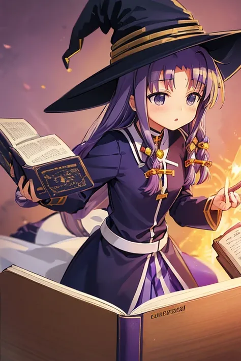 (((Lyrical Nanoha, Yui Ayase, mechanical wand, magic book, costume, droopy eyes, purple hair, witch hat)))