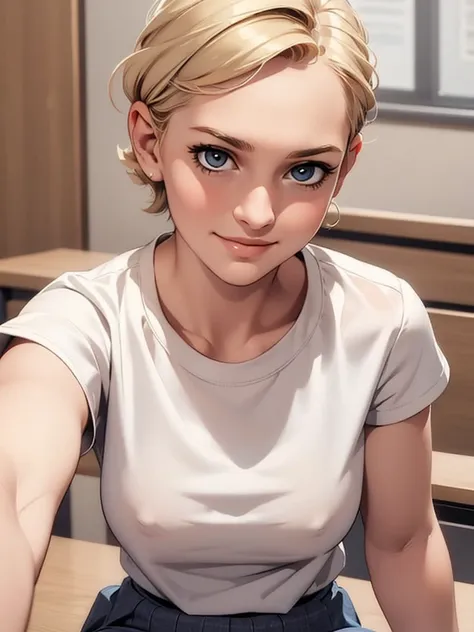 ((masterpiece, best quality)), a woman in a t shirt , front，Overlooking，Close-up of face，Blonde short hair，student，Short skirt，Gentle smile，Open your mouth，。In classrooms。