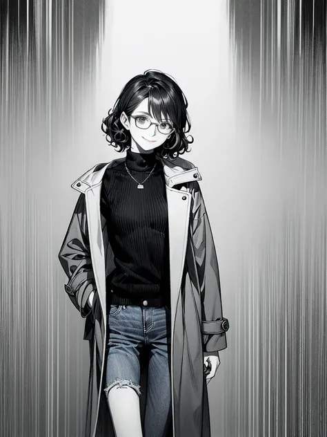 1 female, 30-year-old, alone, thin, slender, small breasts!!!, short hair, curly hair, thin, slender, (((glasses))), duffle coat and long-sleeved black sweater, Open jacket, jeans, Half Smile, Are standing, art, black and white, line art, pencil drawing, d...