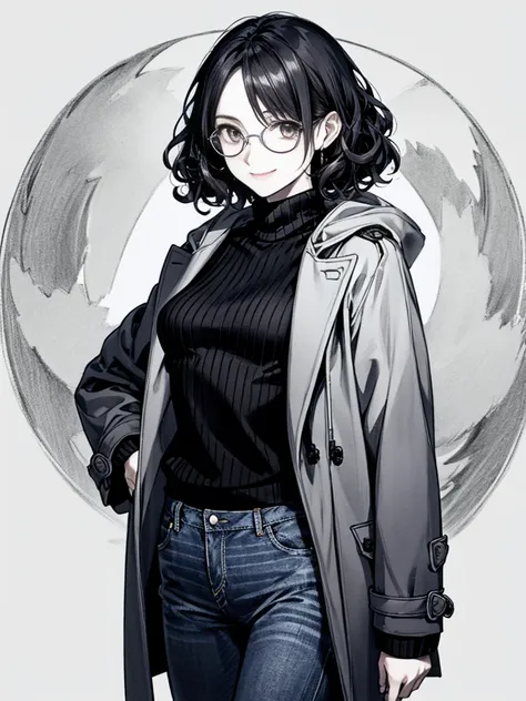 1 female, 30-year-old, alone, thin, slender, small breasts!!!, short hair, curly hair, thin, slender, (((glasses))), duffle coat and long-sleeved black sweater, Open jacket, jeans, Half Smile, Are standing, art, black and white, line art, pencil drawing, d...