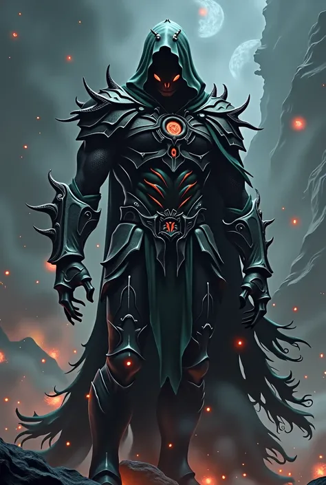 ((Best quality)), ((masterpiece)), (detailed),Muscular Space Necromancer in Venom Armor,in a torn hooded cloak