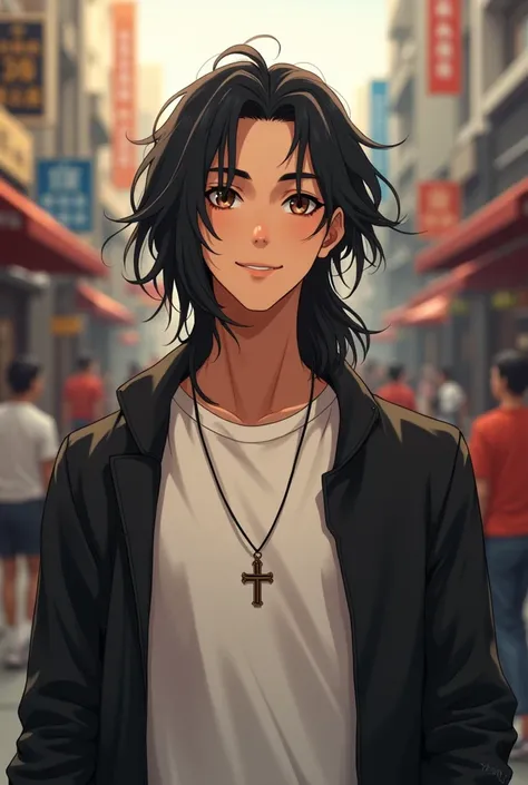 Young man with long black hair in a white t-shirt and black jacket with a crucifix smiling on a street 