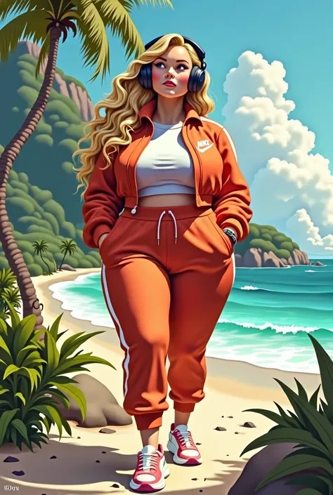 Pixar Disney Bratz gorda creator sims , fat girl with long blonde hair ,listening to music with headphones on, She is wearing a Louis Nike tracksuit and is walking thoughtfully. , with hands in pockets, In the background you can see a beautiful landscape n...