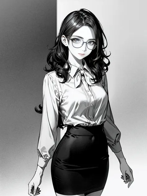 1 female, 30-year-old, alone, thin, slender, small breasts!!!, Loose curly hair, Bedhead, Forehead, thin, slender, (((glasses))), long sleeve blouse, sexy pencil skirt, Are standing, art, black and white, line art, pencil drawing, draft, White background, ...