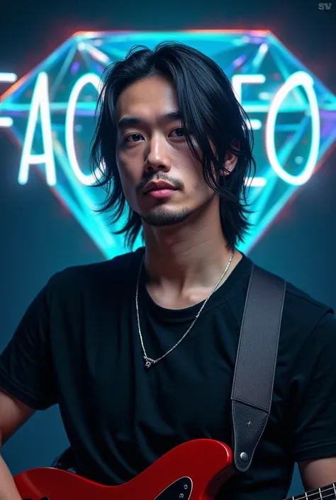 30 year old Asian guy who looks like DPR ian and has blue eyes, a thick neck, long hair over his ears, and in the background is written the word facneo and has colored lines crossed between them and is playing an electric guitar and is looking straight ahe...