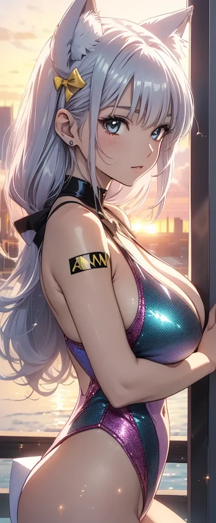 (sunset:1.3)(Browsing Caution:1.5).(Huge breasts:1.1)(sexy glitter leotard:1.2)..Anime Holographic Pink Silver Hair White Ribbon, , Beautiful character drawings, , Stunning anime face portrait handsome royal sister wolf ears