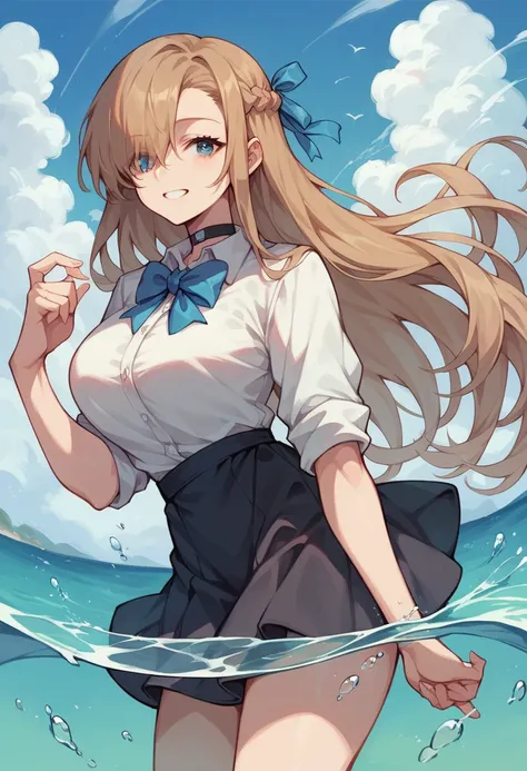 One girl,　Anime Style, Asuna, blue eyes, Long Hair, Hair on one eye, Large Breasts,　White shirt, Rolled up my sleeves, Black choker, Black Skirt, Blue bow tie, Sunny seaside, water, blue sky, cloud