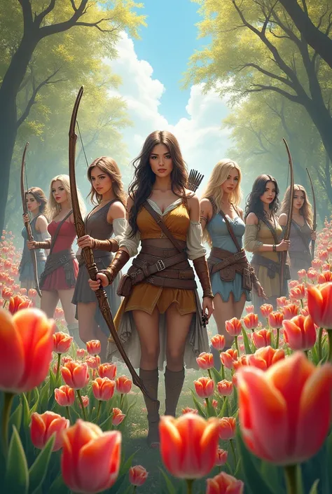 Eight Women in a flower garden of colorful tulips and lilies and bow and arrow in hand 