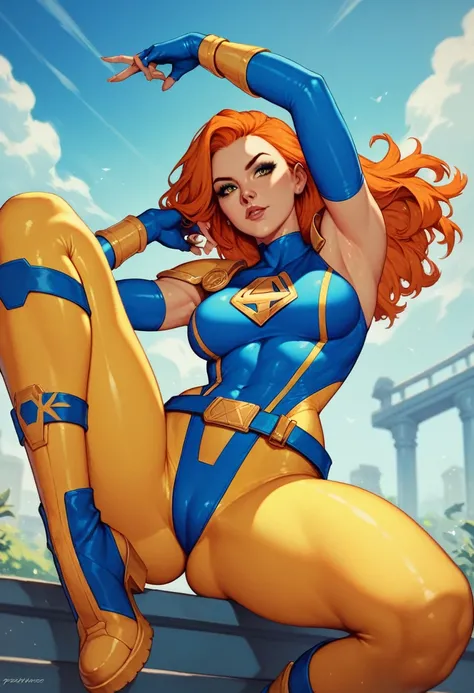 1girl, beautiful, slim, blue cowl, orange hair, blue and yellow, spandex suit, blue shoulder pads, blue fingerless gloves, yellow armpits, blue belt, yellow leggings, yellow high boots, marvel