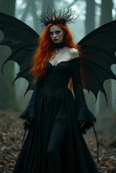 A beautiful gothic fairy with well stylized long red hair, deep look, scary look, she is wearing a crown of black algae, she has a long black robe, big dark black fairy wings, she is inside a gloomy forest, dark style, gothic Realistic and detailed photo, ...