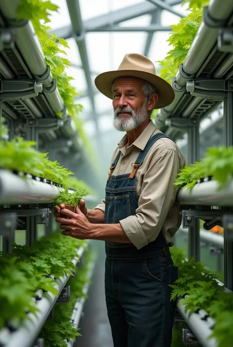 The farmer planted seeds in the hydroponic system,with a hopeful look