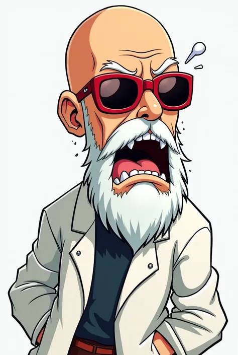 A comical cartoon-Akira-Toriyama-style drawing of Muten Roshi, also known as Kame Sennin, depicted as a scientist. He is wearing a white lab coat instead of his usual outfit. Muten Roshis iconic features remain: bald head, thick white beard, (whiskers that...