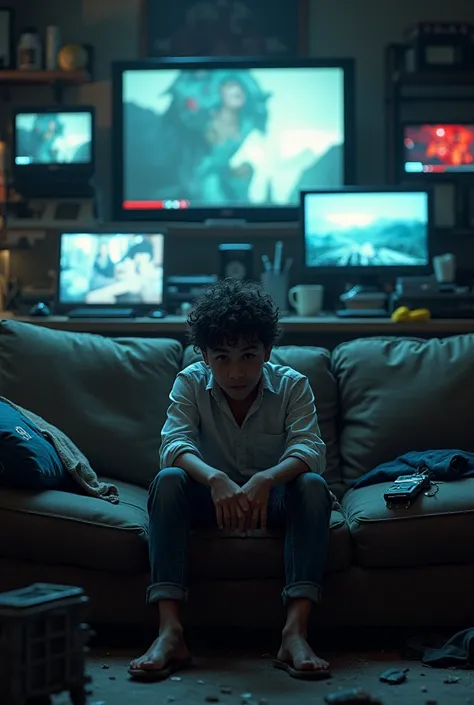 A person sitting on a couch, surrounded by multiple screens showing short videos, looking overwhelmed and distracted. The room is cluttered, symbolizing the negative impact of excessive short video consumption on daily life