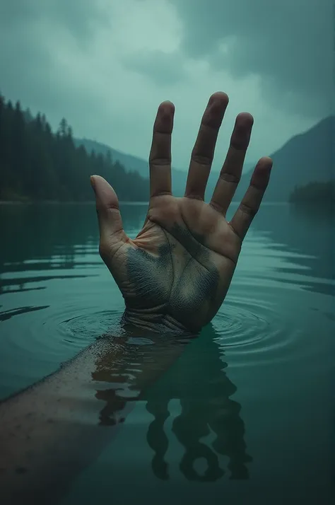 ((best quality)), ((masterpiece)), (detailed), one hand of a person, that came out of the haunted lake water.