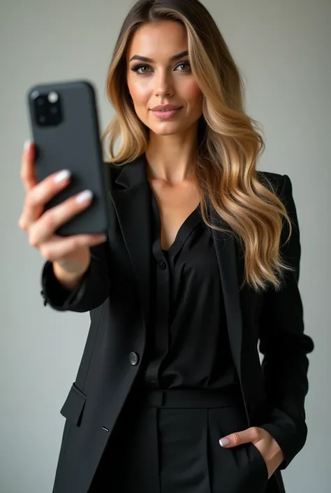 A 30-year-old woman with long, wavy blonde hair, wearing a black blouse with a blazer and black dress pants. She has dark skin, black eyes, perfectly manicured nails and a slim physique weighing 50 kg. She is holding a smartphone towards the viewer. The im...