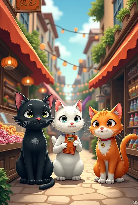 Then the black cat went to work at the candy store and the white cat went to work at the Halloween clothing store and the ginger cat went to work at the toy store