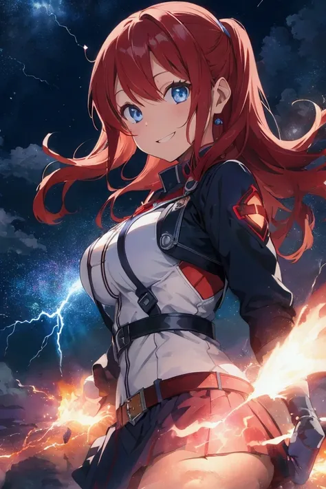 1 person,woman,Medium-length hairstyle,Red hair,blue flame, Lightning Whirlwind,wallpaper, lightning,Depth of written border, night, Particles of world, world, Side world, hips,****, cloud,Look, Big breasts, Blue eyes, Cat&#39;s ears, Bright smile,open you...