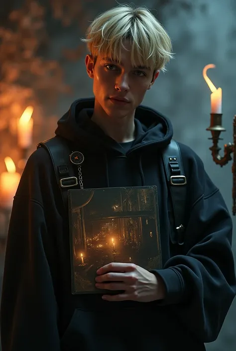 Dark-haired man with short blonde hair and black gears,Goth,loose sweatshirt clothes,candles,with a picture of a club in his hand