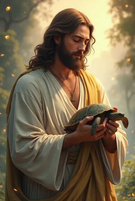 Wallpaper of Jesus holding a turtle 

