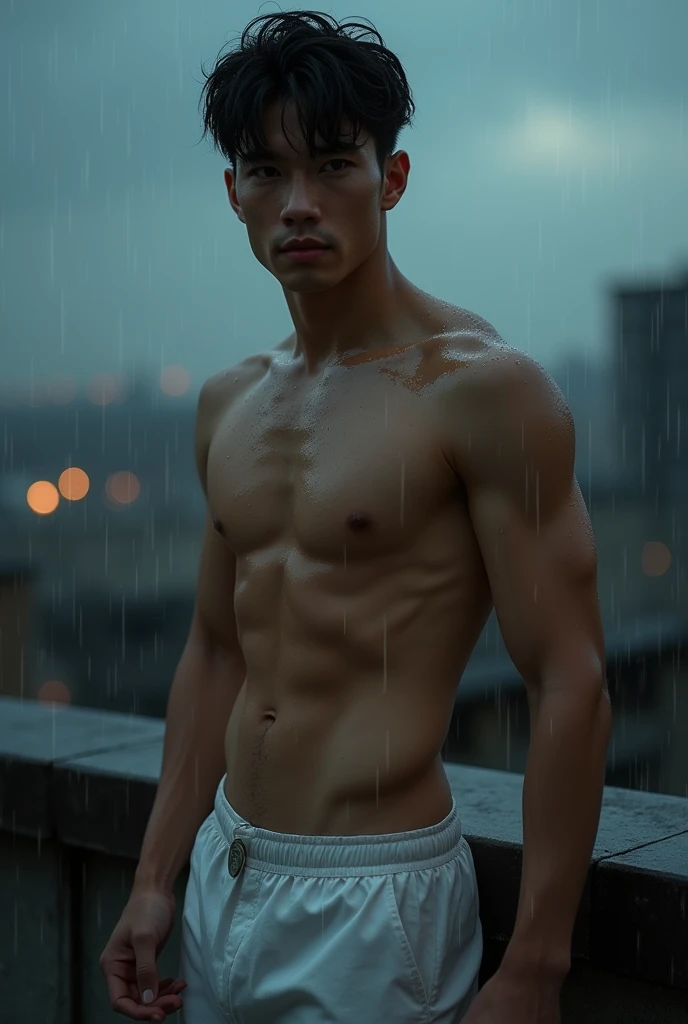 Handsome Asian guy, cute, standing on the rooftop, wearing white pants, thin fabric, no shirt, dark atmosphere, rain, wet body 
