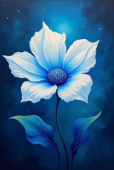 A majestic, dreamlike flower blooms in the center of the canvas, its petals shimmering in the soft, moonlit glow. The flowers center is a vibrant, iridescent blue, created using a mixture of gouache and iridescent paint. The petals are delicate and feather...