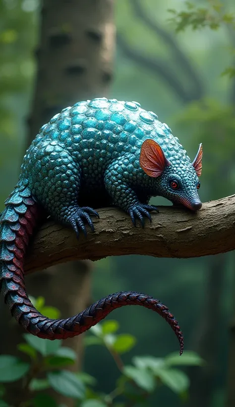 Pangolin with sparkling scales like crystal glass in bluish white and greenish colors,the tail is dark red to black, was on a fallen tree branch in the forest.