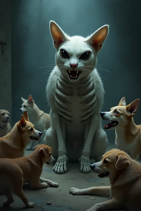 A living cat skeleton is angry that dogs of different breeds did not catch the ginger cat