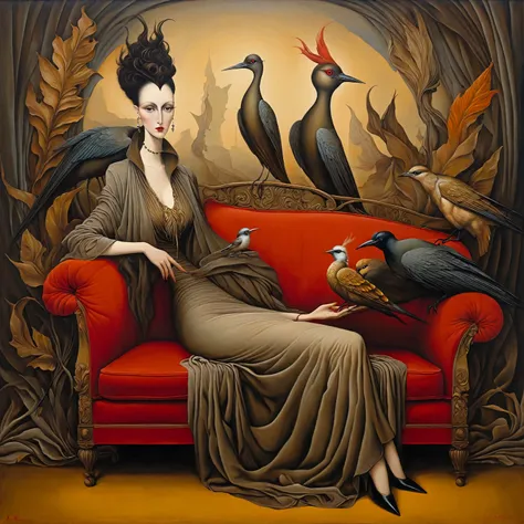 Oil painting, styled by Leonora Carrington, Michael Parkes, Esao Andrews, and Dave McKean, Arafed woman in a dress sitting on a red couch. Stylish artistic background consisting of abstract natural elements such as stylized leaves and birds rendered in sof...