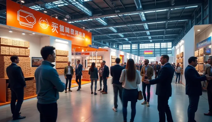 A realistic, professional image announcing the company’s participation in a construction and brick-related exhibition in Minsk. The scene takes place in a modern exhibition hall, with booths displaying various types of bricks, construction materials, and b...