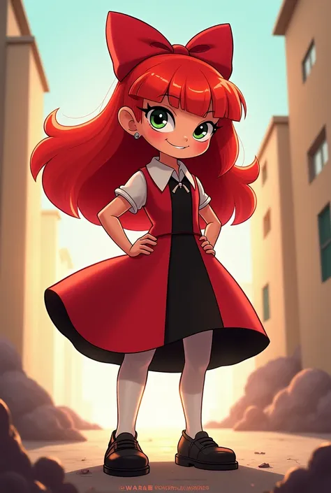 Bombón the character of the super powerful girls version Red hair with a red bow on her head petite white stockings with black shoes Reddish dress with a black stripe in the middle that can be seen in 2D