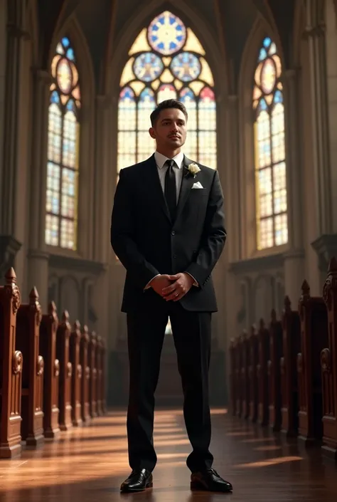 Create me an image of a man in a black wedding suit, inside a church 