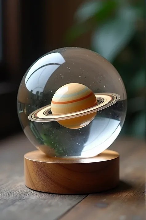 Crystal sphere with the planet Saturn inside with wooden base 