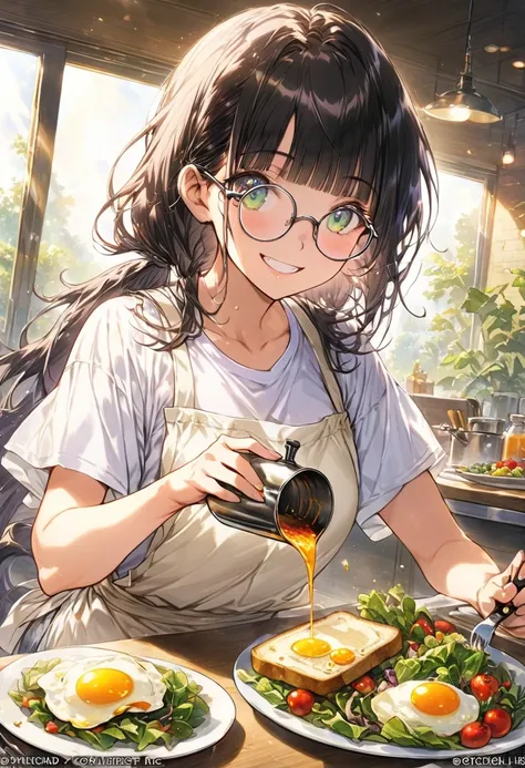 Masterpiece, detailed depiction, official art, 16K, light purple low twin-tail hair,blunt bangs, droopy green eyes, glasses, white T-shirt and shorts, apron, salad, fried eggs, toast on the dining table, girl pouring coffee from the pot and smiling, bright...