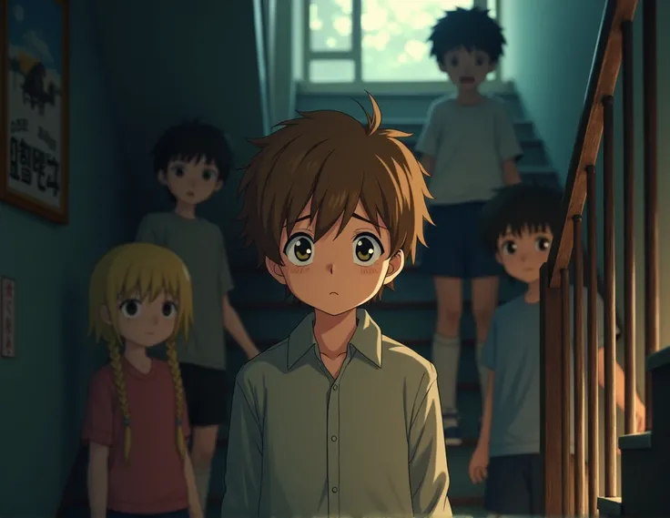 sad expression,behind the stairs,Natsume Takashi,children,afraid,detailed face,high quality,hyperrealistic,intricate details,masterpiece,photorealistic,vibrant colors,natural lighting,cinematic composition,full body, hair color light brown, 1 boy