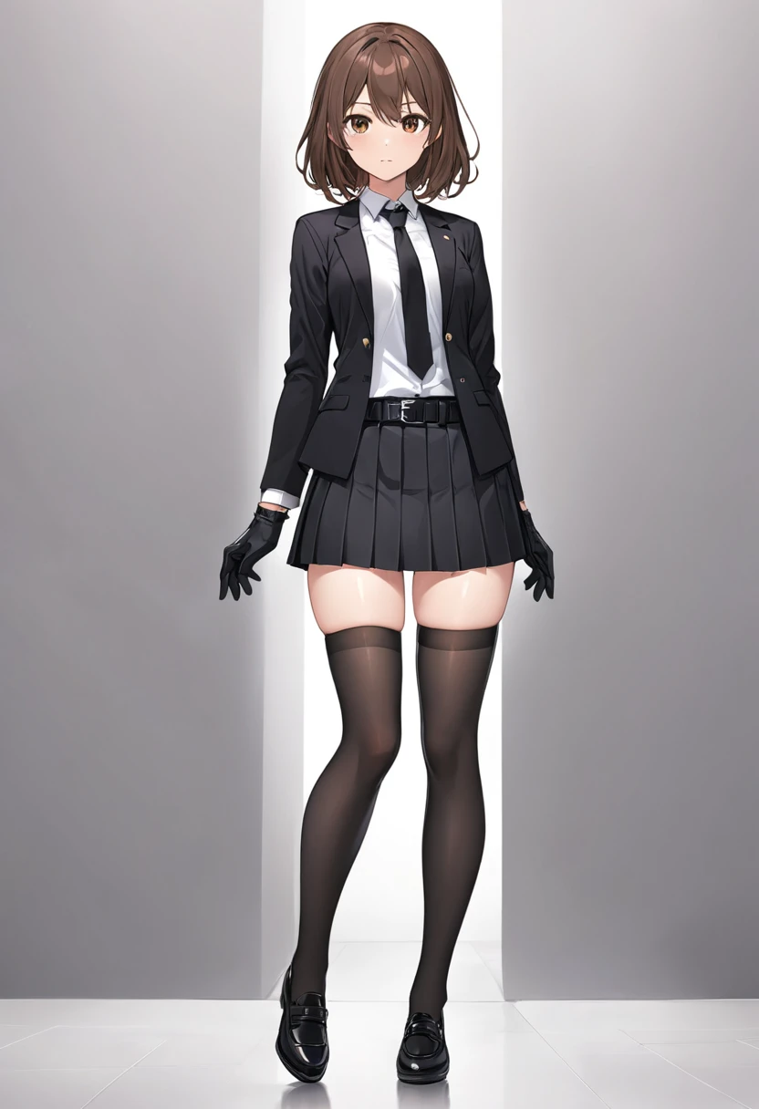 black miniskirt , pleated skirt , black shoes ,whole body , thighs , brown hair , brown eyes , face , black gloves , white shirt...