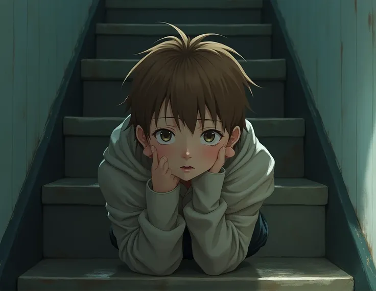 sad expression,behind the stairs,Natsume Takashi,children,afraid,detailed face,high quality,hyperrealistic,intricate details,masterpiece,photorealistic,vibrant colors,natural lighting,cinematic composition, hair color light brown, 1 boy, sitting