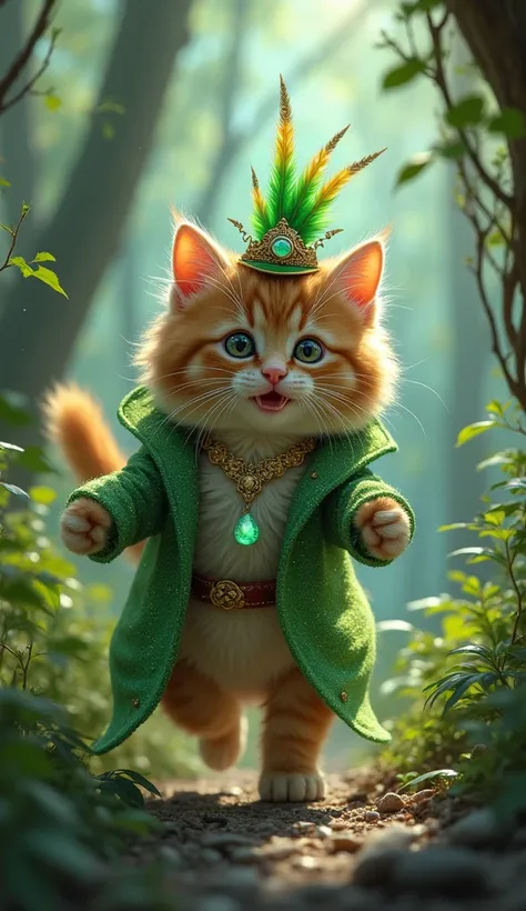 Make a visual of ,Excitedly, a fluffy brown furred kitten, wearing a sparkling green coat made from magic leaves, On his head, he wears a small hat made of phoenix feathers,Around his neck hangs a moonstone bobble necklace continuing his journey. The fores...