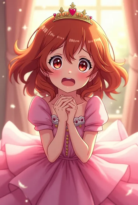   Anime Girl Princess in Pink Dress. And brown hair disheveled redhead with crown drying tears animatedly. surprised

