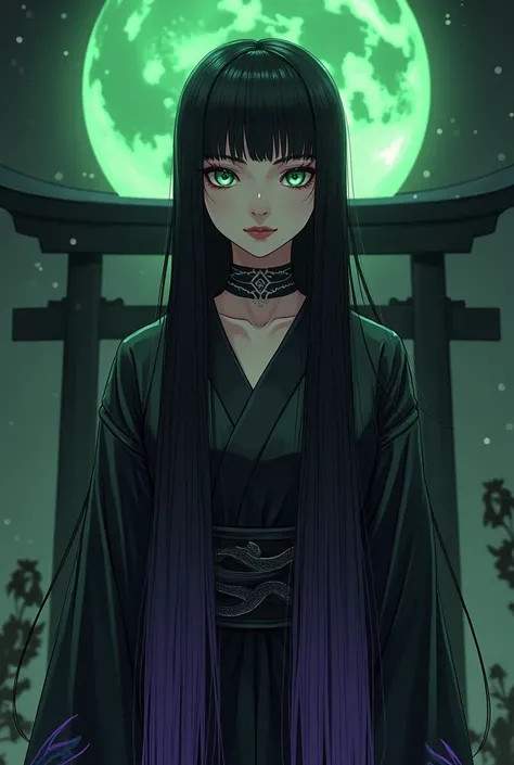 Long, straight, black hair with a purple gradation from the ends.。bangs。Her long hair, which reaches the ground, is tied up with a silver hairpin in the shape of a chrysanthemum.。Snake-like eyes。Long, cool, deep green eyes。A bewitching snake-faced beauty。J...