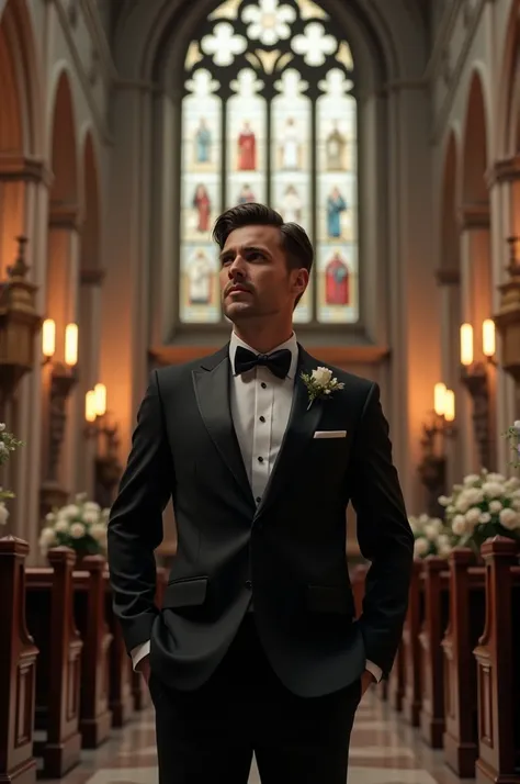 Create me an image of a man in a black wedding suit inside a church 