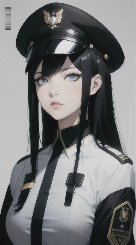 Black Hair Blue Mesh Black Cat Ears Right Eye Blue Left Eye Black Cat Mouth Barcode Under Left Eye Black Military Uniform Black Military Cap Illustration Anime