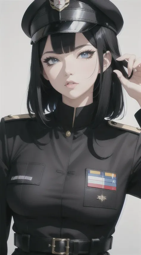 Black Hair Blue Mesh Black Cat Ears Right Eye Blue Left Eye Black Cat Mouth Barcode Under Left Eye Black Military Uniform Black Military Cap Illustration Anime