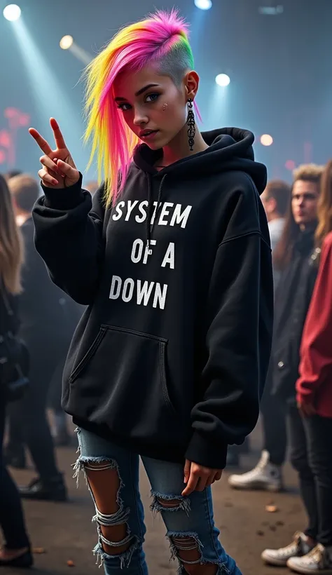 a realistic photo, hyper detailed, hdr photo realistic, 12k, 1 teenage girl, rainbow hair shaved on one side, black hoodie with "system of a down" inscription, grunge jeans, dirty white converse sneakers, with her right hand she does it hard rock sign, (ma...